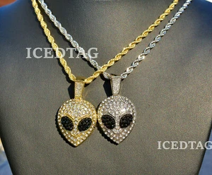 HIP HOP GOLD PT ICED BLING-ED OUT LAB DIAMOND ALIEN, 24" ROPE NECKLACE CHAIN SET - Picture 1 of 8