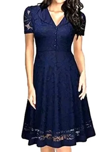 MIUSOL M / L Dress Lace Floral Overlay Navy Blue V Neck Retro Fit & Flare Party - Picture 1 of 2
