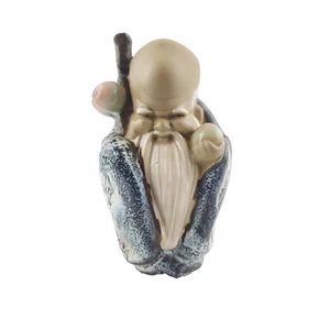 Chinese Mudman God of Longevity Blue Drip Glaze Figurine Statue 4” Wan Jiang - Picture 1 of 7