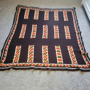 Vintage 70s Handmade Crochet Blanket Throw Brown Geometric Block Retro Cottage - Picture 1 of 7