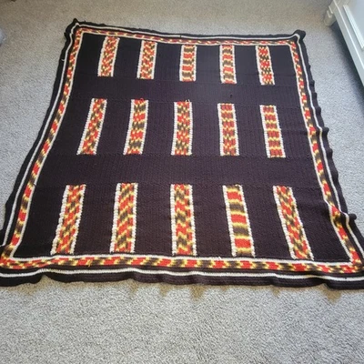 Vintage 70s Handmade Crochet Blanket Throw Brown Geometric Block Retro Cottage - Image 1 of 4
