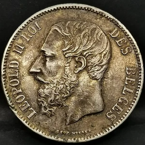 5 FRANCS 1868 TRANCHE A ARGENT 900‰ LEOPOLD II PETITE TETE BELGIQUE / BELGIUM / - Foto 1 di 2