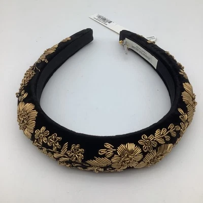 Jennifer Behr Renata Headband Black Velvet Gold Floral Embellished One Size NWT - Image 1 of 4