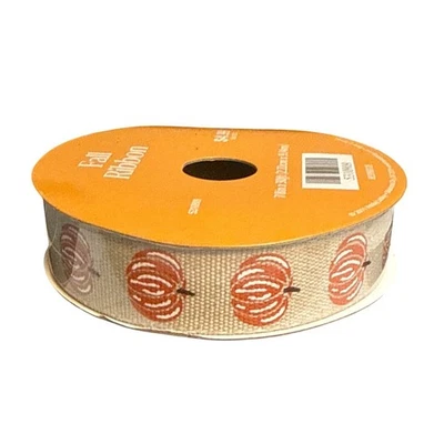 Fall Pumpkin Print Burlap Ribbon 7/8in x 30ft Orange Natural Autumn Craft Wreath - Image 1 of 4