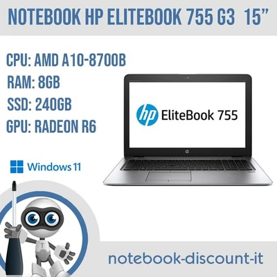 Portatile Hp Elitebook 755 G3 Cpu AMD A10-8700B Ram 8gb SSD 240 gb Win11  15" - Immagine 1 di 4