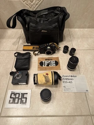 VTG Nikon FE SLR 35mm Film Camera JAPAN w/ Case Lenses Manual Flash - tested ok - Image 1 of 4