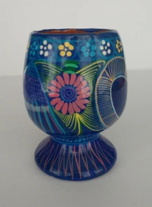 Mexican Folk Art Red Clay Hand Painted Multi Colored goblet 4.5 in - Picture 1 of 7