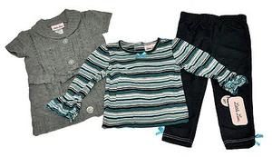 Little Lass Baby Girl 3-piece Set Pants, Sweater, Striped Shirt, Grey/Blue 12 MO - Picture 1 of 3