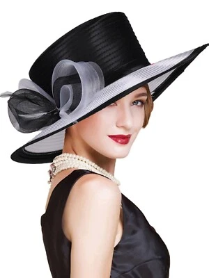 Cloth Strip Bowler Fedora Hats for Church Tea Party Wide Brim Hat with Flat Top - Image 1 of 4