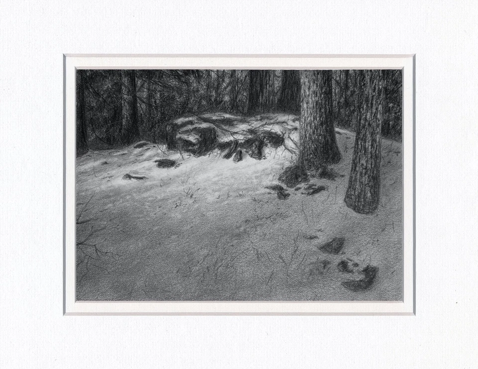 Dibujo, paisaje de invierno, noche en la cima de la colina, 5"x7", blanco y negro, grafito, lápiz Foto 1 de 1