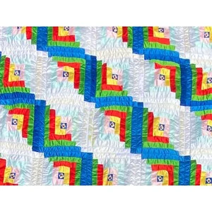 Vintage Log Cabin Rainbow Satin Quilt - Approximately Full Size - Picture 1 of 9