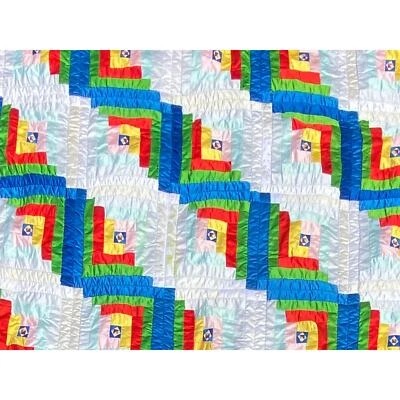Vintage Log Cabin Rainbow Satin Quilt - Approximately Full Size - Image 1 of 4