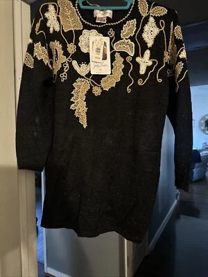 Suéter Pullover Lentejuelas Corbata Negra Jaclyn Smith De Colección Talla S Foto 1 de 4