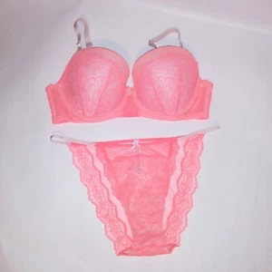 Victoria Secret Bra Set 38D Demi XL Panty Orange Lace Dream Angels String Bikini - Picture 1 of 11