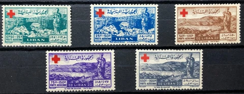 1947 Lebanon AIR Red Cross semi postal set SG.358-62 MLH/MH Liban Cover