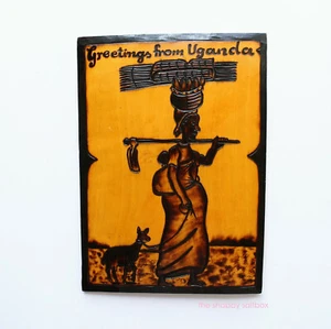 Arte popular de Uganda decoración de recuerdos étnicos saludo hecho a mano madera quemada pirografía - Imagen 1 de 7