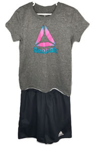 Girls Athletic Lot Reebok Gray Shirt & Adidas Black Soccer Shorts Size10-12