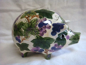 UNIQUE Ceramic PIGGY BANK Hand Painted GRAPE & LEAF Design Long Snout & Big Ears - Picture 1 of 9
