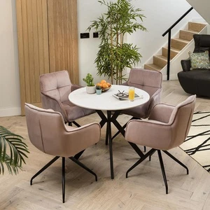 Round White Ceramic Marble Dining Table And Chairs Set - 4 Seater Dining Set - Picture 1 of 9