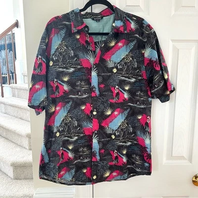 Camisa de surfista hula hawaiana de inspiración vintage rosa y negra de algodón estoico Foto 1 de 4