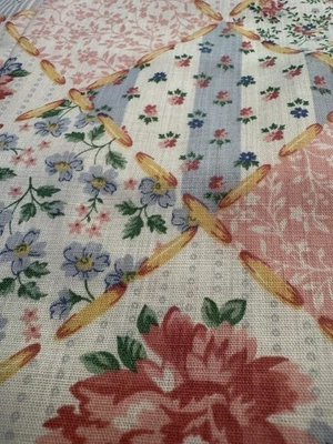 Vintage Cheater Patchwork Quilt Fabric Blue Pink Cottage Roses Calico 3 YDS 45" - Image 1 of 4
