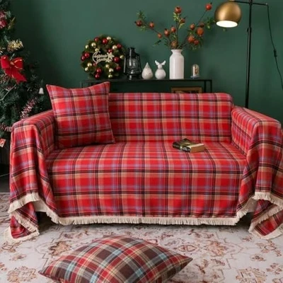 Christmas Couch Cover Red and Coffee Plaid Sofa Covers, Geometric Pattern  - Image 1 of 4