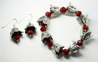 Pulsera elástica elástica roja facetada brote plata flor estaño talla 6,5 Foto 1 de 4