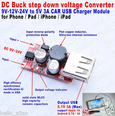 DC-DC Buck Step Down Converter 9V-36V 12V/24V to 5V 3A Car USB Charger Module - Image 1 of 4