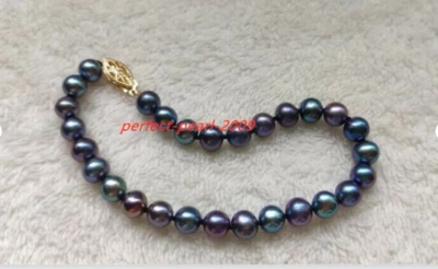 8" Gorgeous 5-6mm AAA+ tahitian black green round pearl bracelets 14k gold clasp - Image 1 of 4
