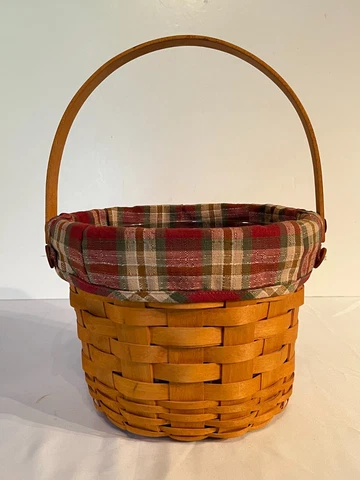 Vintage Longaberger Round Basket with Red Plaid Fabric Plastic Liner 2000 Cover