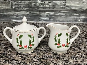 Christmas Creamer & Sugar Canisters Set Gold Trim Porcelain Holly Berry - Picture 1 of 12