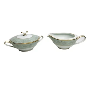 VTG Noritake China MODERNE Creamer Sugar w/ Lid Green Floral Gold Gilt 5921 - Picture 1 of 11