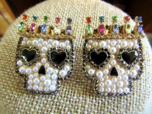 Scarce Signed BAUBLEBAR SKELETON SKULL Pierced Earrings Rhinestone Crown+Pearls - Picture 1 of 3