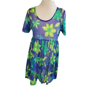 Vintage 90s Blue Tropical Hawaiian Swim Cover Mesh Neon Flowers Sheer Sz S/M - Picture 1 of 10