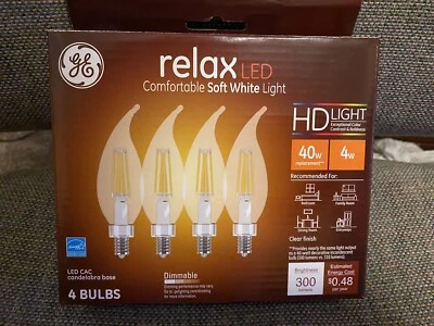 GE 40W Relax LED HD Light Bulb Candelabra Base Soft White Dimmable (4pack)NEW - Image 1 of 4