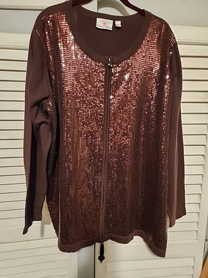 QUACKER FACTORY CHOCOLATE Brown Sequin Front  ZIP UP cardigan sweater VGUC SZ 2X - Image 1 of 4
