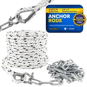 Anchor Rode Nylon 3-Strand 5/16"x75'Rope with 1/4"x3' Galvanized Steel Chain - Imagen 1 de 8