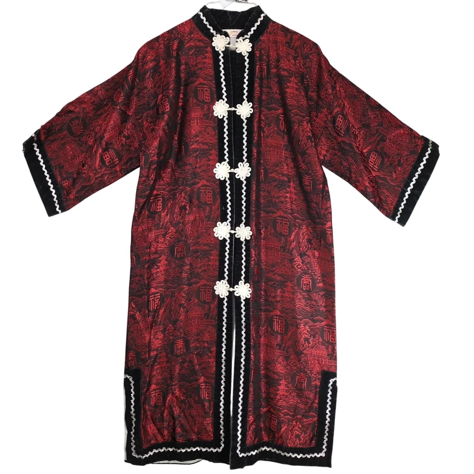De Colección Joli Hecha en Japón Seda Brocado Chaqueta Bata L Rojo Negro Kimono Cuello Mandarín Foto 1 de 4