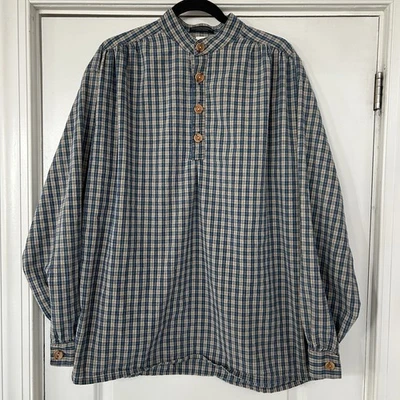 J. Peterman Poet's Shirt Mens M Plaid Long Sleeve Banded Collar Cotton Green/Tan - Image 1 of 4