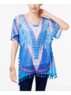 Топ женский INC синий с бахромой в полоску короткий рукав V-образный вырез размер: M - Изображение 1 из 4