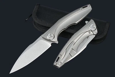 Mango de titanio de alta calidad con hoja de acero en polvo M390 cuchillo de bolsillo aleta Foto 1 de 4