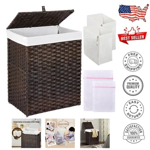 Chic 90L Rectangular Laundry Hamper with Lid & 2 Mesh Bags - Handcrafted Rattan - Picture 1 of 10