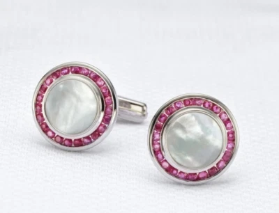 Juego de gemelos de plata 935 Argentium con perlas de plata bordeadas de rubíes genuinos Foto 1 de 3