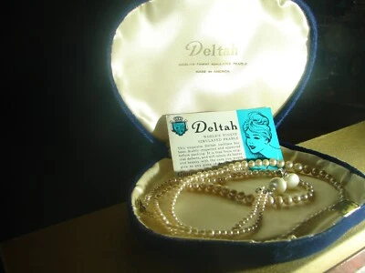 VINTAGE 16" SIMULATED PEARL NECKLACE w/ORIGINAL  Velvet CASE + 2 Pearl earrings - Image 1 of 4