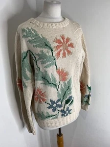 VTG 90s Cottagecore floral chunky knit jumper UK 10 12 cotton cream Y2K handknit - Picture 1 of 7