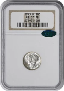 1943-D Mercury Silver Dime MS67FB NGC (CAC) - Picture 1 of 2