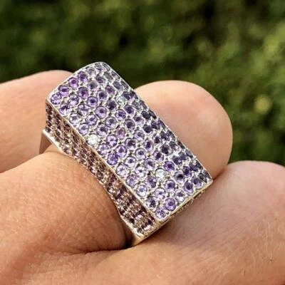 Enorme anillo real de plata 925 pavé de 2,1 quilates amatista gema diseñador silla de montar mujer Foto 1 de 4