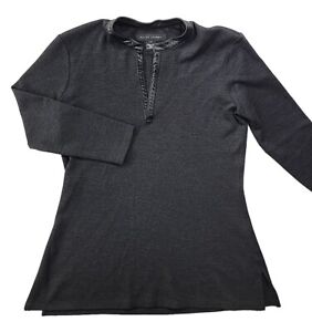 Ralph Lauren Black Label Mandarin V-Neck Sweater Charcoal Wool Leather Trim Top