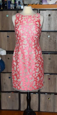 Vestido Aidan Mattox Rosa Bordado Satén Encaje Talla 10 Sin Mangas Rodilla Cóctel Foto 1 de 4