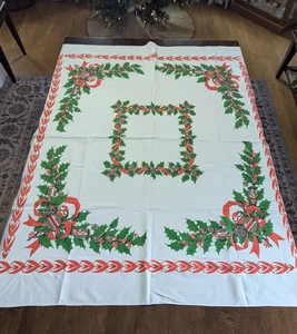 45"x 54" Vintage/USA 100% Baumwolle Weihnachten Tischdecke mit roten Tomatenfarbenen Schleifen/Bordüren GEBRAUCHT - Bild 1 von 6